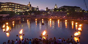 Circle of fire torches in the basin of WaterPlace park in Providence, RI
